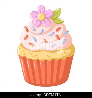 Spring cupcake with pink cream, flower and colorful sprinkles. Cartoon vector isolated illustration on white background  Stock Vector