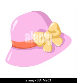 Pink spring hat with yellow bow and red ribbon. Cartoon vector isolated illustration on white background Stock Vector