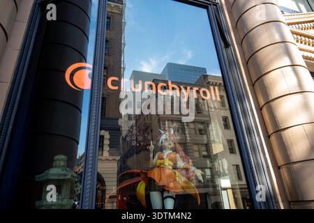 Logo for Crunchyroll on window with anime figure visible inside window ...