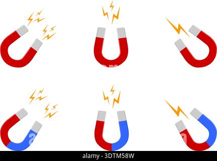 Set of red and blue U-shaped horseshoe magnets with lightning flash effects isolated on white background. Magnetic power, attraction or influence concept. Vector flat illustration. Stock Vector