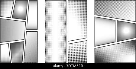 Set of comic manga panels with halftone backgrounds. Anime cartoon page samples with dotted gradient textures. Storyboard templates with polka dot patterns. Vector graphic illustration. Stock Vector
