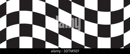 Wavy checkered black and white pattern. Winding race flag or chess board background. Simple geometric print. Vector graphic illustration Stock Vector