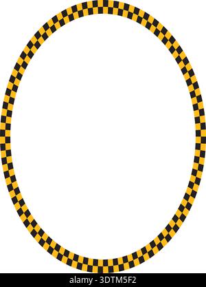 Oval taxi or police car frame with black and orange chequered border isolated on white background. Elliptic vignette with checkerboard print. Ellipse Stock Vector