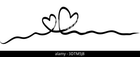 Continuous squiggle line clear heart silhouette in the center. Black freehand cable style stroke works as romantic divider for love quotes, wedding cards and Valentine layouts on white background. Stock Vector