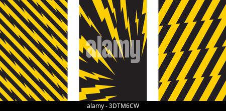 Set of vertical posters with thunder bolt effect. Yellow lightning shapes on black background. Wallpapers with manga style print. Flash electric light Stock Vector