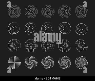 Set of white circular ripple or vortex symbols on black background. Concentric circles with broken lines. Centrifuge, whirlpool, sonar or sound wave Stock Vector