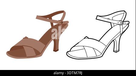 Brown low heel sandal shoe women flat plus line set. Cross strap dress shoe for office, capsule wardrobe. Technical fashion illustration, CAD mockup, mixed vector men unisex isolated stylish style. Stock Vector