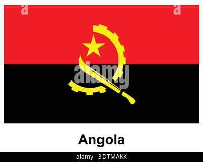 The national flag of Angola shows a striking design with a red upper half, black lower half, and a yellow emblem featuring a star and tools, symbolizi Stock Vector