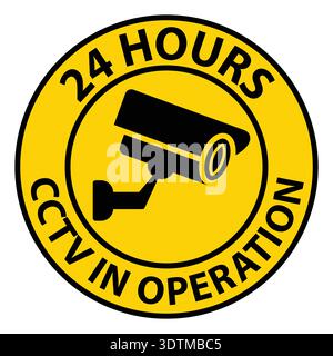 A circular yellow sign featuring a CCTV camera illustration with the text "24 HOURS CCTV IN OPERATION," symbolizing constant surveillance and security Stock Vector