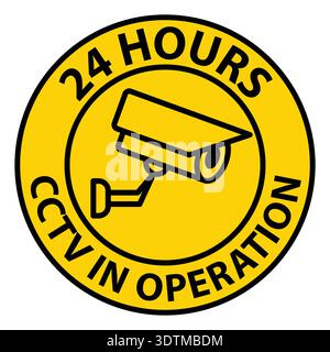 This yellow circular sign indicates 24-hour CCTV operation. It features a camera icon and serves as a crucial warning for security awareness and surve Stock Vector