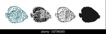 Exotic tropical fish vector illustration in hand drawn sketch style, ink lines and vintage engraving or silhouette. Detailed aquarium sea creature, graceful silhouette, retro marine minimal artwork Stock Vector