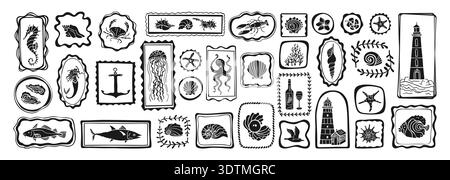 Hand drawn coastal living doodle set with wave frames and abstract linear borders. Mediterranean travel mood featuring Italian summer food, wine, Amalfi coast silhouettes and seaside scribble elements Stock Vector