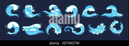 Sea wave set with various water splashes, flowing waves and abstract ocean shapes. Wave icons graphic dynamic liquid motion, modern marine elements and fluid aquatic forms illustration Stock Vector
