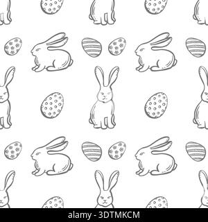 Easter seamless pattern with bunny and dyed eggs vector graphic illustration. Whimsical hand drawn rabbit animals doodle background for Happy Easter Stock Vector
