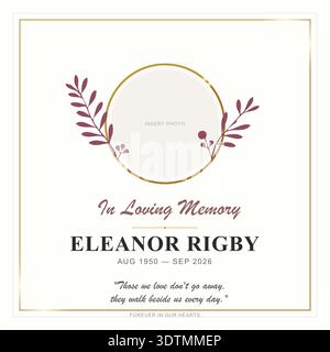 Minimalist funeral program card template with floral circle frame Stock Vector