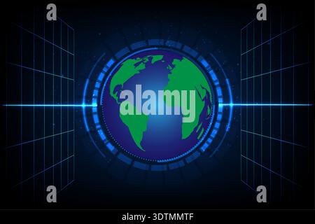 Abstract digital globe with glowing data rings and global network lines, representing technology, communication and innovation Stock Vector