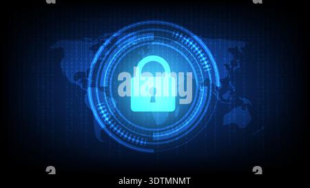 Glowing padlock on futuristic global network interface with binary code, representing cybersecurity, data protection and privacy Stock Vector