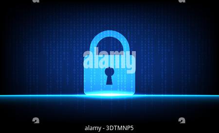 Glowing padlock icon on dark blue binary code background symbolizing data protection, cybersecurity and online privacy Stock Vector