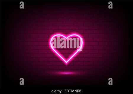 Bright neon pink heart shape glowing on a dark brick wall with soft light reflection, romantic and modern style Stock Vector