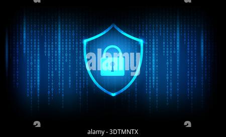 Glowing lock shield on binary code background representing digital security, cybersecurity and data protection Stock Vector