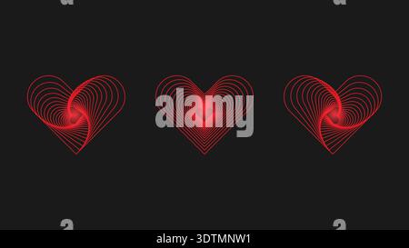 Minimal red glowing heart outlines forming dynamic spiral shapes, symbolizing love emotion, romance and modern abstract design Stock Vector