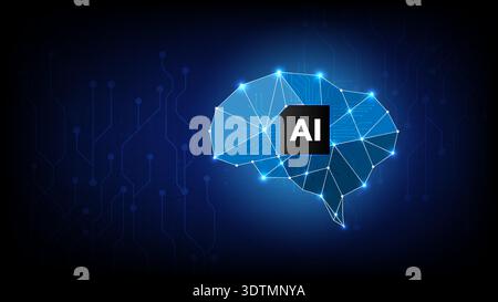 Futuristic AI brain illustration with glowing nodes and circuit lines, representing machine learning, data processing and technology innovation Stock Vector
