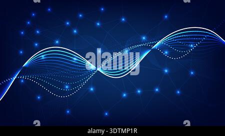Futuristic abstract wave background with flowing blue lines, glowing dots and connected network nodes representing data and technology Stock Vector