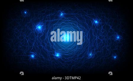 Futuristic blue energy tunnel with glowing particles and flowing wave lines, symbolizing technology, data flow and digital network Stock Vector