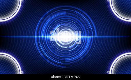 Abstract futuristic technology background with blue glowing circles, digital HUD interface and central light beam energy effect Stock Vector