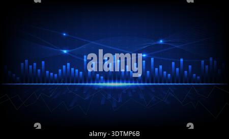 Abstract blue digital chart with glowing bars and wave lines representing financial analysis, fintech, data growth and business technology Stock Vector