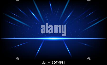 Abstract futuristic scene with blue light beams, glowing horizon line, star particles and high-tech sci-fi atmospher Stock Vector