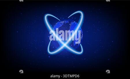 Abstract technology concept of Earth with luminous orbital rings, global connection and futuristic digital atmosphere Stock Vector