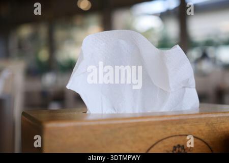 Tissue box on wooden table in a dining setting Stock Photo