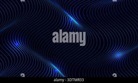 Abstract dark background with smooth blue wavy lines and glowing highlights, representing motion, energy and modern technology Stock Vector