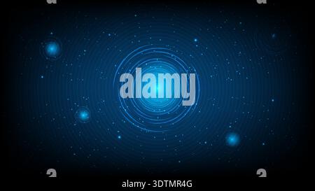 Abstract blue circular light waves with glowing particles, cosmic digital space and futuristic technology background Stock Vector