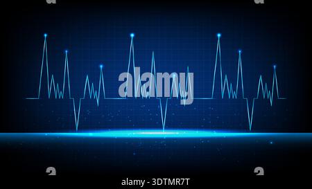 Abstract blue ECG heartbeat waveform glowing on digital grid, medical monitor concept with futuristic technology style Stock Vector