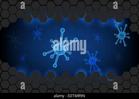 Futuristic blue virus structures floating on a dark hexagonal grid, representing biotechnology, infection and digital health security Stock Vector