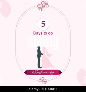 Pink wedding countdown vector illustration featuring bride and groom silhouette with floral frame and days to go text. Romantic couple background Stock Vector
