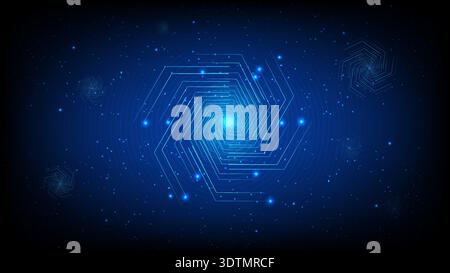 Abstract blue hexagonal tunnel with glowing light, digital particles and futuristic technology space background Stock Vector