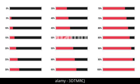 Collection of red loading bar diagrams showing progress from 0 to 100%. Essential for UI, UX and technology concepts Stock Vector