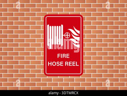 Fire Hose Reel Sign on Wall. Vector Illustration. Stock Vector