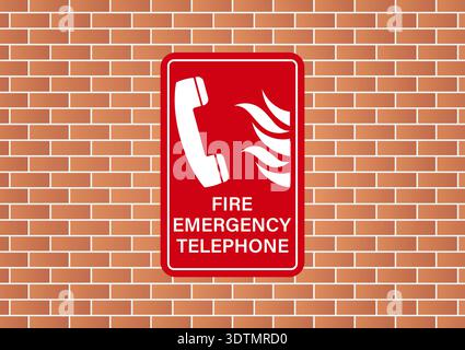 Fire Emergency Telephone Sign on Wall. Vector Illustration. Stock Vector