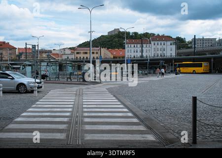 PRAGUE, CZECH REPUBLIC - SEPTEMBER 10, 2024: Long-distance buses parked at the platforms of the Florenc central bus station in Prague. Stock Photo