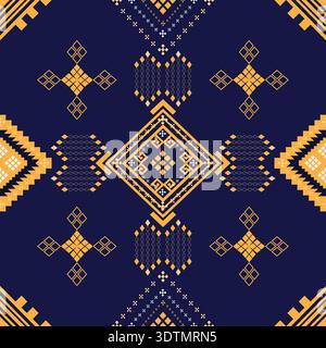 Traditional geometric pattern featuring golden diamond motifs and tribal symbols on a dark navy background Stock Vector