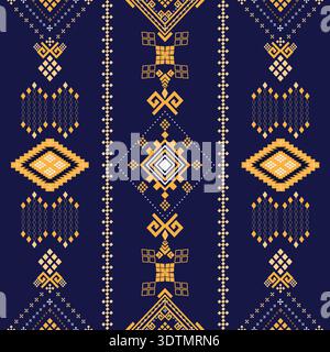 Ethnic geometric seamless pattern featuring golden diamond and square shapes on a navy blue back Stock Vector