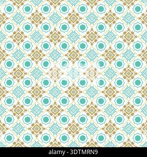 Abstract geometric ethnic pattern featuring teal octagons and gold tribal motifs on a white background Stock Vector