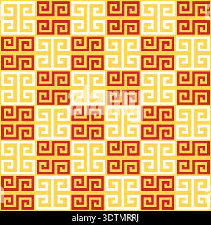 Traditional Chinese inspired seamless geometric pattern with repeating square spiral motifs in red, yellow and white Stock Vector
