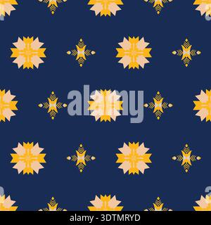 Seamless ethnic pattern with yellow flower motifs and geometric tribal elements on navy blue background Stock Vector