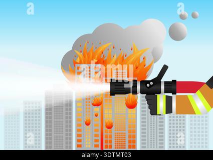 Firefighter Spraying Water to Extinguish Fire on Burning Building or Burning House. Vector Illustration. Stock Vector