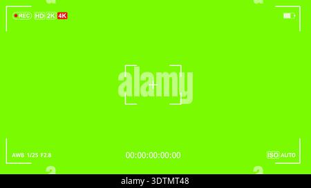 Digital video camera recorder interface with 4K recording sign, battery and timer on chroma key green background Stock Vector